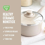 GreenLife 2.5QT Nonstick Saucepan with Glass Lid, Soft Grip, PFAS-Free Ceramic, Multipurpose Chef Pan, Milk & Sauce Cooking Pot, Dishwasher & Oven Safe to 350˚F, Stay-Cool Handle, Taupe
