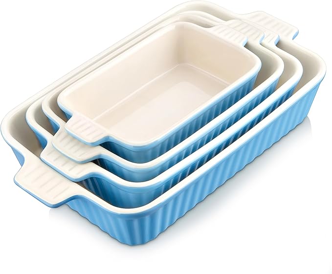 MALACASA Casserole Dishes for Oven, Porcelain Baking Dishes, Ceramic Bakeware Sets of 4, Rectangular Lasagna Pans Deep with Handles for Baking Kitchen, Blue (9.4"/11.1"/12.2"/14.7"), Series BAKE.BAKE