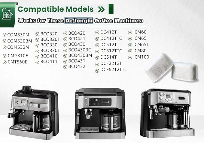 12 Pack Activated Charcoal Water Filter for Delonghi Espresso Machine COM530M, COM532M, BCO430 and More | Compatible with Delonghi Filter Replacement Accessories 7313285779