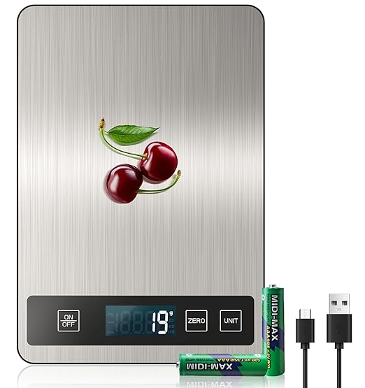 【33 lb & USB Rechargeable】 Digital Kitchen Food Scale Kitchen Scale, Stainless Steel Digital Weight Grams and Oz, Baking and Cooking, 0.1oz/1g Precise, 6 Weight Units (B1)