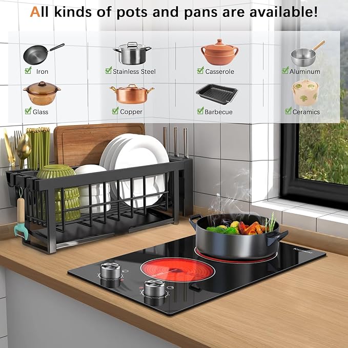 Karinear 110V Electric Cooktop 2 Burners Electric Stove 12 Inch Knob Control Countertop & Built-in Ceramic Cooktop, 9 Heating Level, Hot Warning, Over-Temperature Protection(Silver Knob)