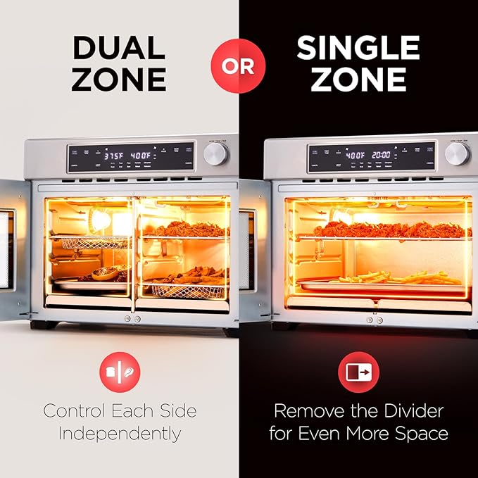 Ivation Dual Zone Air Fryer French Door Oven - 32 Quatity Convection Toaster Combo, 10-in-1 Multifunction Up to 450° - 1800W - Temperature Control, Timer - Stainless Steel - Dehydrate, Bake, Roast