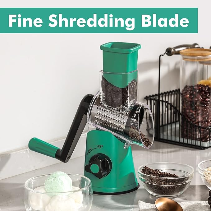 Cheese Grater Rotary, Rotary Grater for Kitchen, Kitchen Grater Vegetable Slicer with 3 Drum Blades, Fast Cutting Cheese Shredder for Vegetables and Nuts