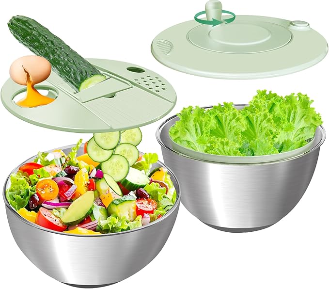 Airpro Stainless Steel Salad Spinner, Durable Lettuce Spinner with 5 Blade Slicer, Stop Button, Drainage Hole, Egg Yolk Strainer Shredder, Non-Slip Base, Vegetable Dryer, Fruit Washer, Dishwasher Safe