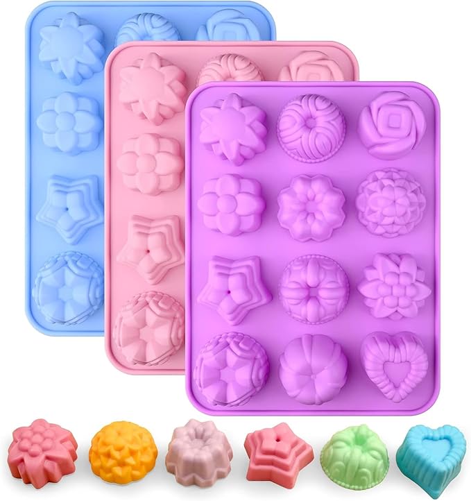 Sakolla 3 Pack Flower Molds Silicone, 12 Cavities Different Shapes Silicone Molds for Chocolate, Cupcake, Candy, Jelly, Ice Cube, Muffin (Pink, Purple, Blue)