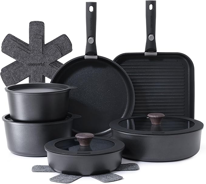 SENSARTE 17 Piece Pots and Pans Set, Nonstick Detachable Handle Cookware Set, Induction Kitchen Cookware Set with Removable Handle, Healthy Non Stick for RV, Dishwasher ＆ Oven Safe, PFOA Free (Black)
