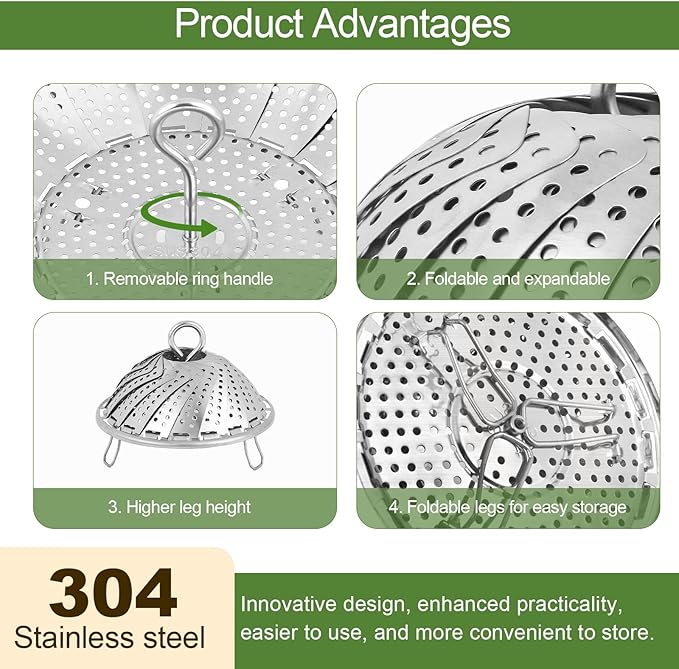Steamer Basket for Cooking – Premium 304 Stainless Steel Steamer Basket, 3rd Gen Folding Expandable Steamers, Suitable for Cookware Pot, Fit for Fish Vegetables Pasta Eggs (Large (6.49“ to 10.82”))