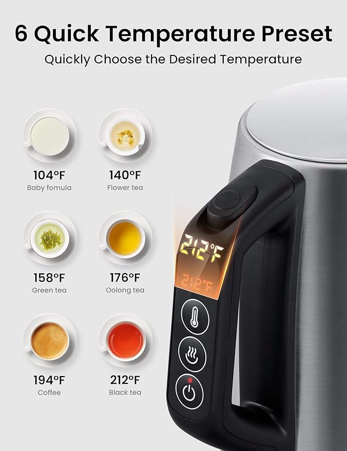 COMFEE' Stainless Steel Electric Kettle, Temperature Control with 6 Presets, 1-Hr Keep Warm, Kettle Water Boiler 1.7 Litres, 1500W with Viewing Window, Auto-Off and Boil-Dry Protection