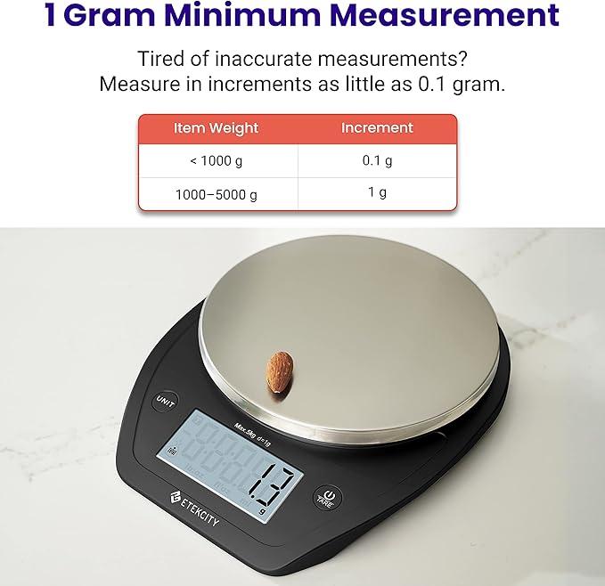 Etekcity 0.1g Food Scale, Bowl, Digital Grams and Ounces for Weight Loss, Dieting, Baking, Cooking, and Meal Prep, 11lb/5kg, Stainless Steel Black