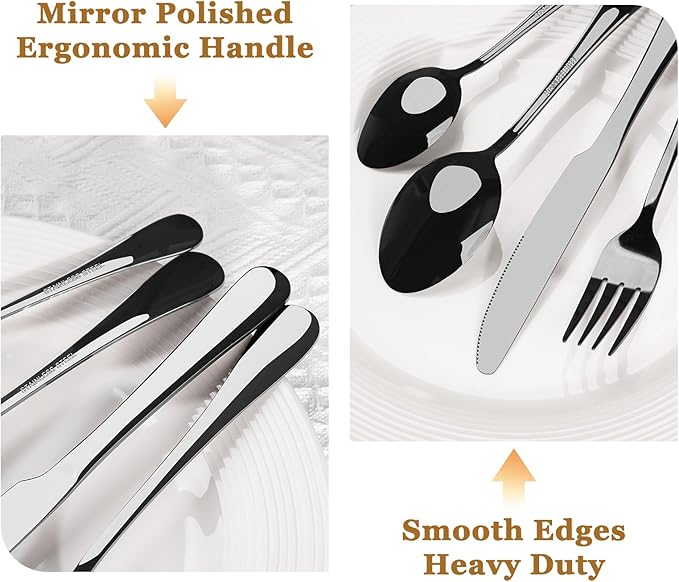 Astercook 24-Piece Black Silverware Set with Steak Knives Flatware Set for 4 Food-Grade Stainless Steel Cutlery Set Mirror Polished Utensils Set Include Spoons and Forks for Home Kitchen Restaurant