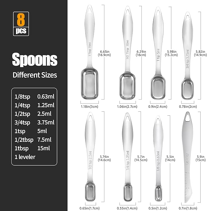 18/8 Stainless Steel Measuring Spoons: Doosu Heavy Duty Rectangular Spoon Square Teaspoon Tablespoon Scoop with Slim Long Handle in Narrow Spice Jar for Kitchen Baking Cooking (Set of 8 with Leveler)