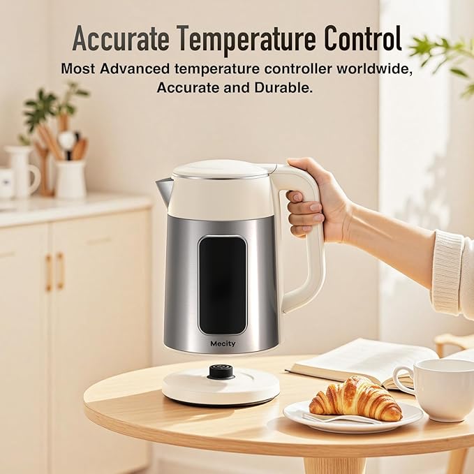Mecity Electric Kettle 1.7L Touch Screen Temperature Control Water Boiler, No Plastic Contact with Water. 6 Presets For Tea and Coffee, 2 Hours Keep Warm, Auto Shut Off, Cream & Stainless Steel Color