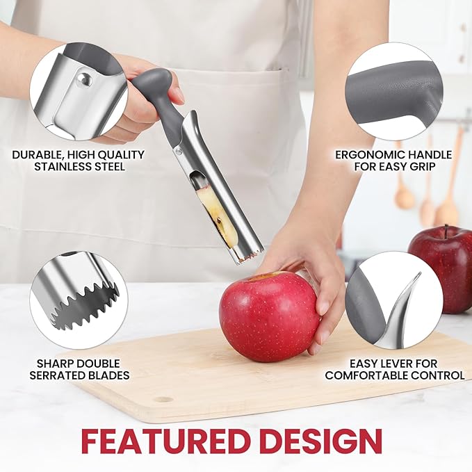 SCHVUBENR Premium Apple Corer Tool - Easy to Use and Clean - Sturdy Apple Remover with Sharp Serrated Tips - Stainless Steel Corers for Apple and Pear - Core Fruits with Ease(Silver)
