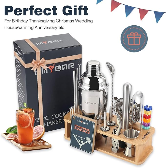 HMYBAR® 22-pc Cocktail Shaker Set(24oz/700ml) | Mixology Bartender Kit | Bar Tool Set | Martini Making Set with 39-Recipe Cocktail Cards & Kit's Deco, Bamboo Stand Natural Color, Silver Tools