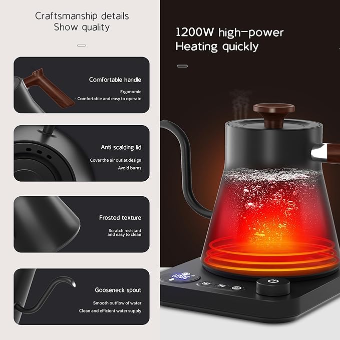 RHD Electric Gooseneck Kettle with LCD Display, Real-Time Temp Control Hot Water Boiler to Pour Over Coffee, Brew Tea, Switchable ℉/℃, 1200 Watt Quick Heating Pot, 0.9L, 304 Stainless Steel,Matt Black