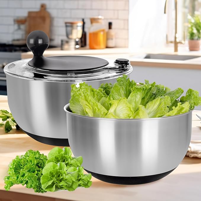supernal 5.3Qt Salad Spinner Lettuce Spinner with Stop Button Vegetable Dryer Fruit Washer Chopper Bowl Non-Slip Base Dishwasher Safe Fruit Washing Bowl with Strainer Clear Lid & Drainage Hole Black