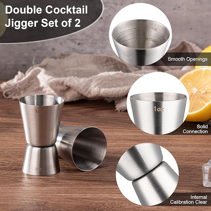 Briout Jigger for Bartending, 2 Pcs Double Cocktail Jigger Japanese Premium 304 Food Grade Stainless Steel Jigger 1 OZ 1/2 OZ, Flat Edge Silver