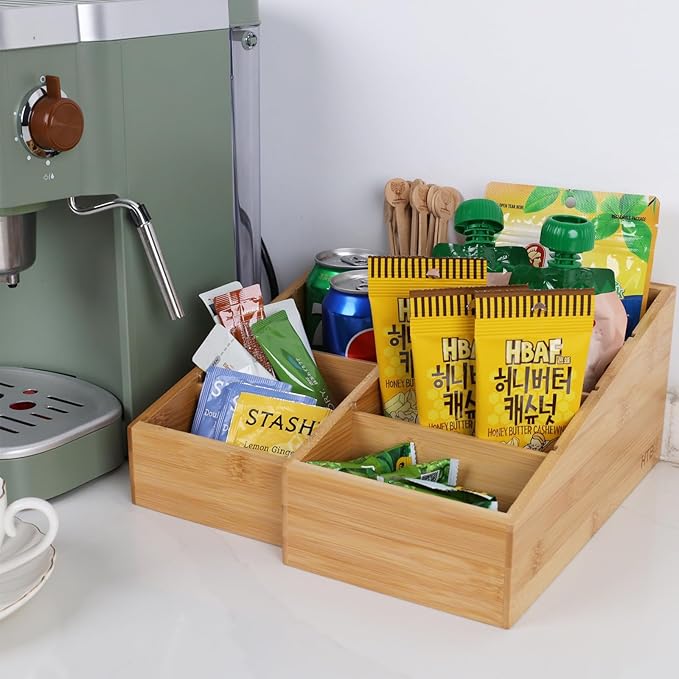 HTB 4-Section Snack Organizer with Removable Dividers for Kitchen, Cabinet, Office, Countertop, 2 Pack Bamboo Pantry Storage Organization for Spice Packets, Seasoning Pouches, Coffee Pods