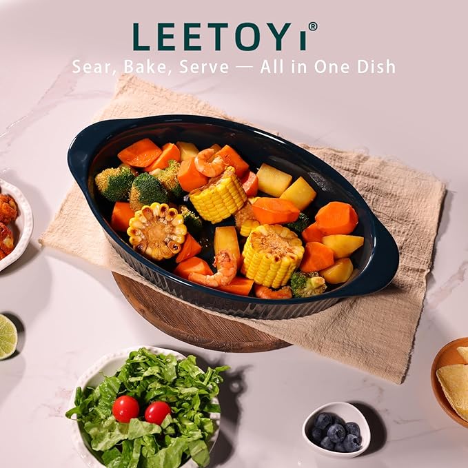 LEETOYI Porcelain 9x13 Large Oval Au Gratin Pans,Baking Dish for Servings, Bakeware with Double Handle for Kitchen and Home, Navy