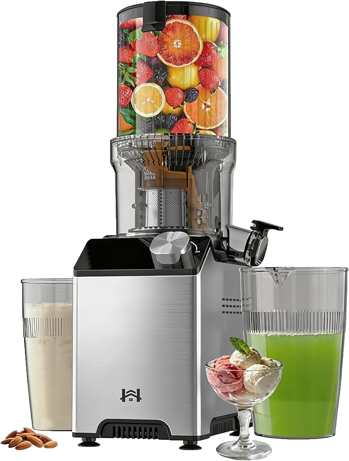 Cold Press Juicer, Wide Feed Chute Juicer Machines, Stainless Steel Slow Masticating Juicers Easy to Clean, Vegetables & Fruits Juice Extractor, High Juice Yield, Silver Knob