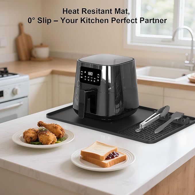 Silicone Heat Resistant Mats for Countertop,24x16 Inch Air Fryer Mat with Kitchen Accessories Holder Pad for Microwave/Oven,Compatible with Ninja/Cosori/Chefman/Toshiba,Kitchen Countertop Protector