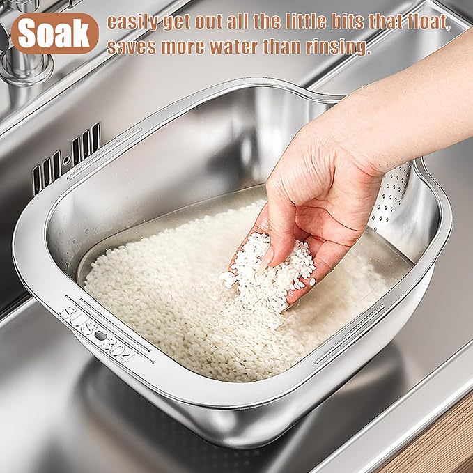 Rice Washer Strainer Bowl, Stainless Steel Washing Bowl whit Side Drainers, Versatile Square Quinoa Colander for Cleaning Rinsing Fruits, Vegetables, and Beans - Multifunctional Drain Basket