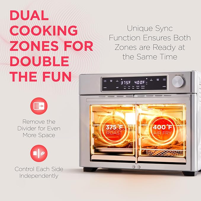 Ivation Dual Zone Air Fryer French Door Oven - 32 Quatity Convection Toaster Combo, 10-in-1 Multifunction Up to 450° - 1800W - Temperature Control, Timer - Stainless Steel - Dehydrate, Bake, Roast
