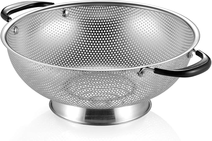 Tiawudi 18/8 Stainless Steel Colander, Easy Grip Micro-Perforated 5-Quart Colander, Strainer with Riveted and Heat Resistant Handles, BPA Free. Great for Pasta, Noodles, Vegetables and Fruits