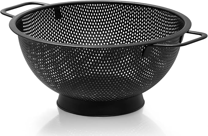 Black Colander for Kitchen, 3QT, Stainless Steel Pasta Strainer with Handle, Pasta Strainer for Fruits Vegetables Cooking Food, Dishwasher Safe
