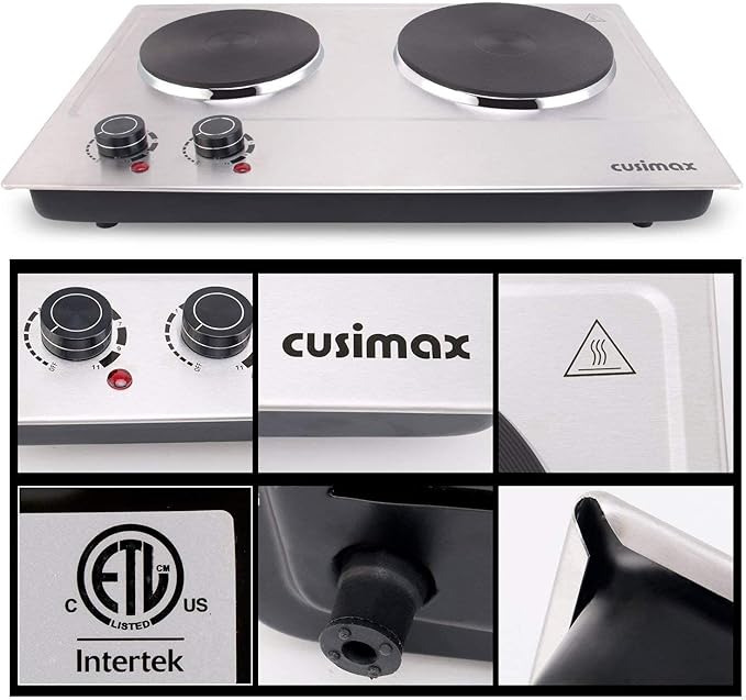 CUSIMAX 1800W Double Hot Plate, Stainless Steel Silver Countertop Burner Portable Electric Double Burners Electric Cast Iron Hot Plates Cooktop, Easy to Clean, Upgraded Version C180N