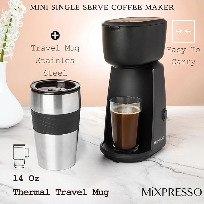 Mixpresso Personal Single Serve Coffee Maker & 14oz Travel Mug, Drip Small Coffee Maker & Tumbler, Auto Shut Off & Reusable Filter, Compatible with Coffee Grounds