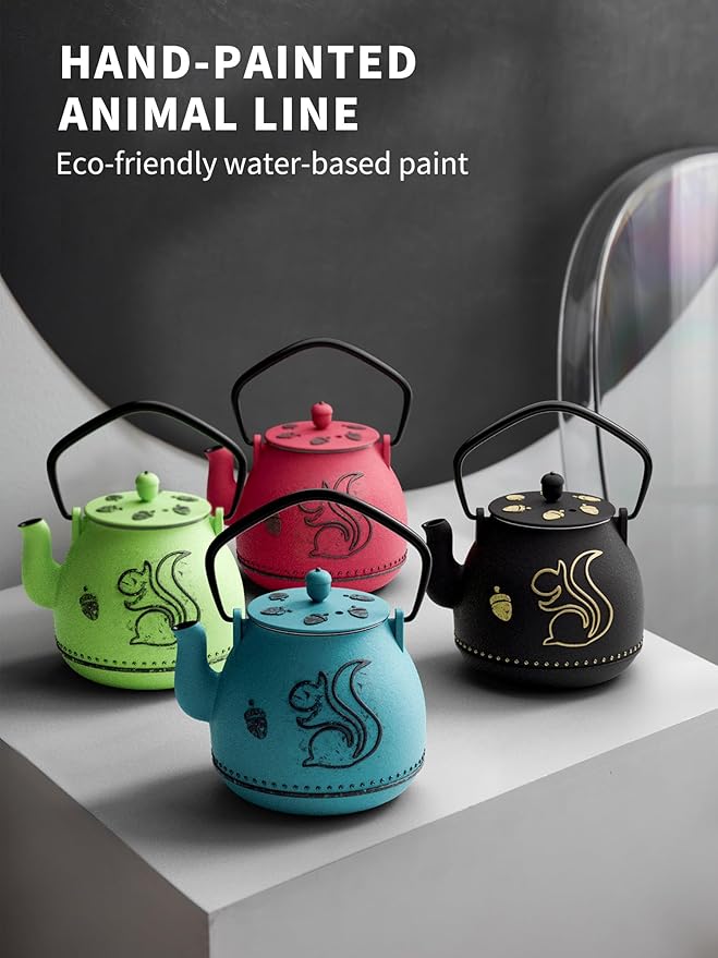 Toptier Teapot with Removable Infuser, Cast Iron Tea Kettle Stovetop Safe, Squirrel Design Tea Pot Coated with Enameled Interior for 32 Ounce (950 ml), Blue