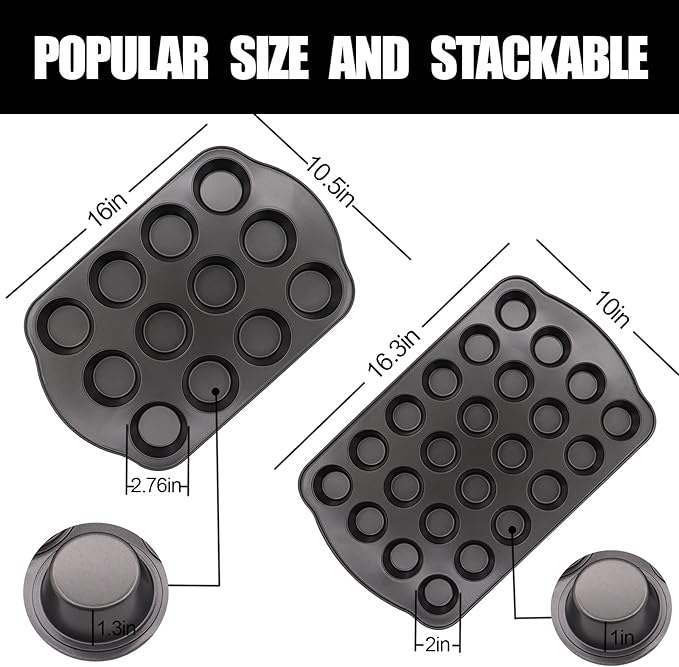 12+24 Muffin Pan Set (2 Pack) - Nonstick Cupcake Tins Dark Gray | Heavy Duty Carbon Steel, Rustproof, Oven Safe Baking Gift