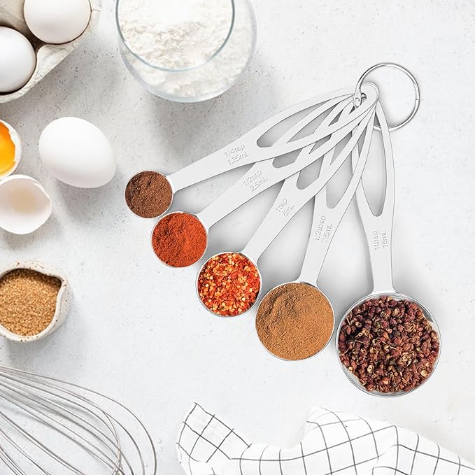 5pcs Measuring Spoon Set, Heavy Duty Stainless Steel Measuring Cups for Cooking Baking, Tablespoon Teaspoon for Dry or Liquid Ingredients, Fits in Spice Jar, 1/4 1/2 1 tsp, 1/2 1 tbsp