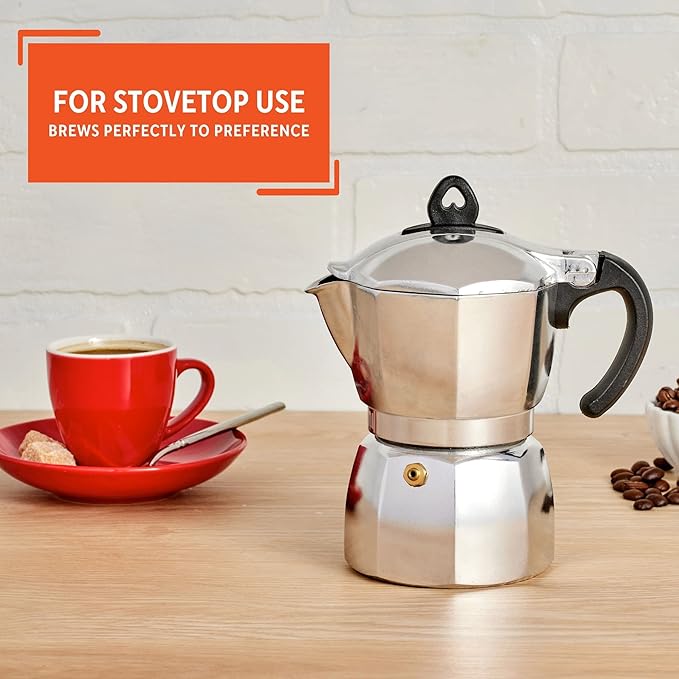 Imusa 6 Cup Stovetop Espresso Maker with Heart Shaped Knob, Silver