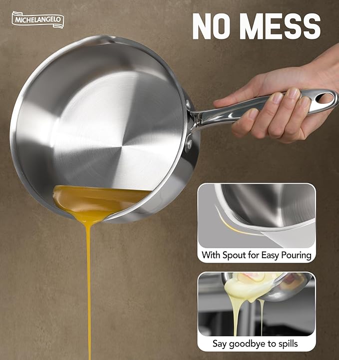 MICHELANGELO Stainless Steel Saucepan with Lid & Steamer, 3 Quart Sauce Pan with Lid, Steamer Pot with Pour Spout, 3 Qt Stainless Steel Pot, Induction Compatible, Oven Safe