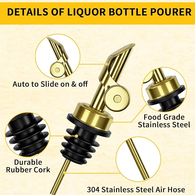 6 Pcs Auto Flip Liquor & Oil Pour Spout, 304 Stainless Steel Dispenser Spout for Olive Oil, Alcohol, Wine, Vinegar, Home & Bar Essential Tools, Gold