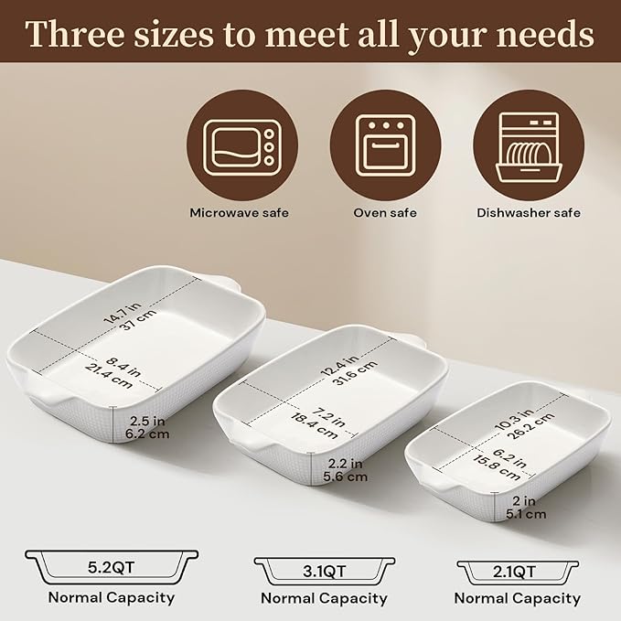 Ceramic Casserole Dishes Set of 3, Stoneware Baking Pans for Oven, Rectangular Lasagna Dish & Bakeware Set, Red (14.7’’/12.4’’/10.3’’)
