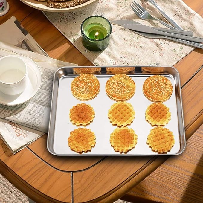 Baking Sheet with Rack Set [2 Pans + 2 Racks], Wildone Stainless Steel Cookie Sheet Baking Pan Tray with Cooling Rack, Size 10 x 8 x 1 Inch, Non Toxic & Heavy Duty & Easy Clean