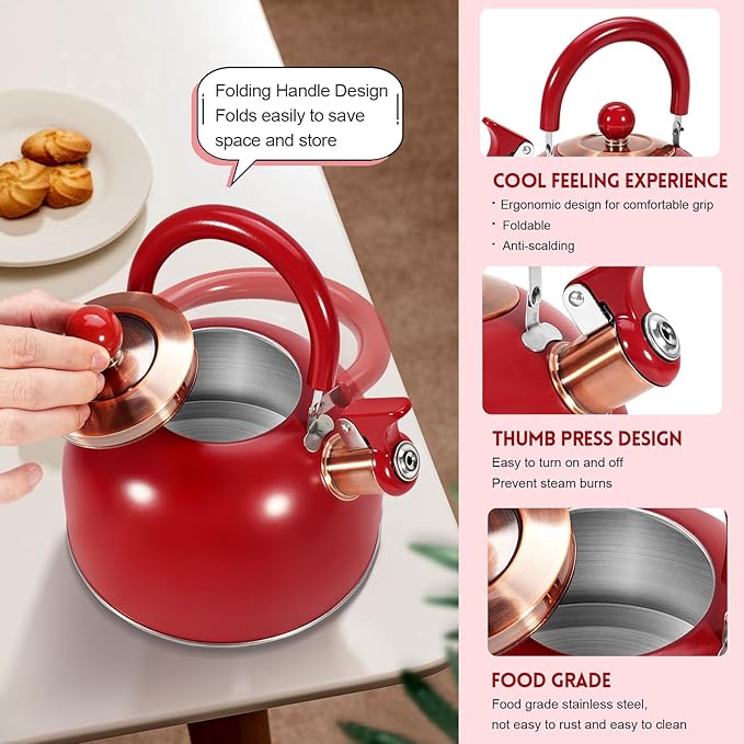 GGC 2.6QT Tea Kettle for Stove Tops, Whistling Tea Kettles for Boiling Water Coffee or Milk, Red Stainless Steel Tea Pots with Folding Handle, Thumb Design Control Kettle Outlet