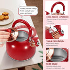 GGC 2.6QT Tea Kettle for Stove Tops, Whistling Tea Kettles for Boiling Water Coffee or Milk, Red Stainless Steel Tea Pots with Folding Handle, Thumb Design Control Kettle Outlet