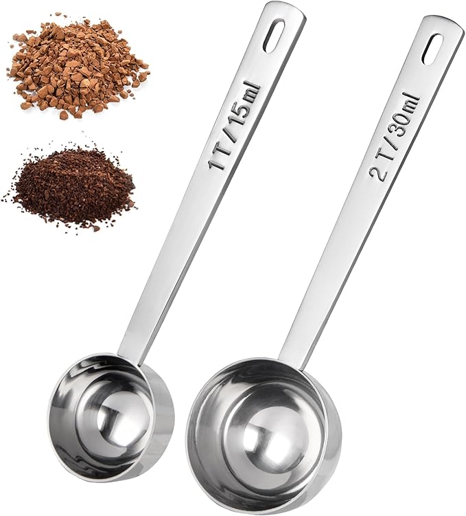 18/8 Stainless Steel Coffee Scoops, Doosu Food-Grade Metal Measuring Spoon with 4.3in Long Handle, Tablespoon Scooper for Coffee Beans, Ground Coffee, Protein Powders, Tea, Sugar (1 & 2 Tbsp)