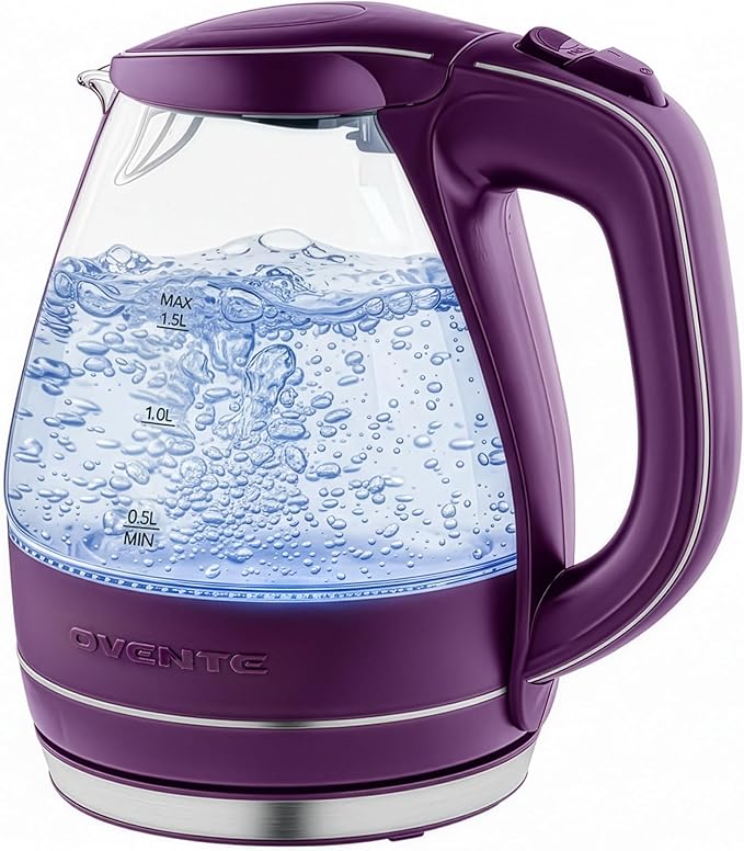 OVENTE Electric Kettle, 1.5L Borosilicate Glass Countertop Water Heater and Boiler for Coffee or Tea, BPA-Free, Auto Shut-Off, Boil-Dry Protection, Removable and Washable Spout Filter, Purple KG83P