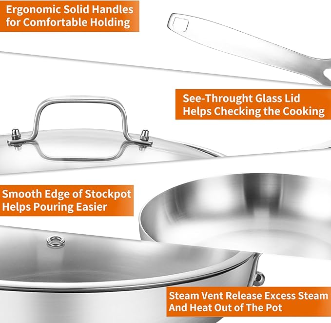 DELARLO Tri-ply Stainless Steel Frying Pan Set with Lid 8" 10" 12" large Skillets Induction Chef's Pan,Pots and Pans Set Kitchen Cookware Frying Pan Set Dishwasher and Oven Safe