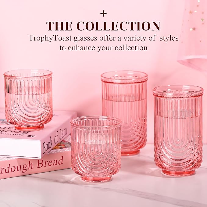 Pink Vintage Drinking Glasses Set of 6-15oz Hand-Blown Highball Ribbed Glassware, Arch Design Cocktail Glasses for Whiskey Water Beverages Ice Coffee Juice Milk