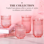 Pink Vintage Drinking Glasses Set of 6-15oz Hand-Blown Highball Ribbed Glassware, Arch Design Cocktail Glasses for Whiskey Water Beverages Ice Coffee Juice Milk