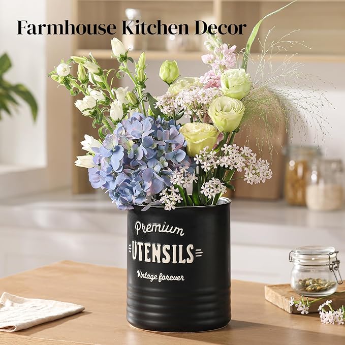 DOWAN 7.2″ Extra Large Utensil Holder, Farmhouse Utensil Holder for Kitchen Counter, Ceramic Utensil Crock with Protection Cork Mat, Utensil Storage for Kitchen Decor & Housewarming Gift, Matte Black
