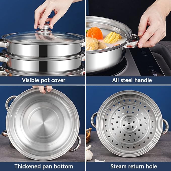 Steamer Pot for Cooking 5.0-Quart Steam Pot with Lid 2-tier Multipurpose Stainless Steel Steaming Cookware with Handle for Vegetable, Soups, Stews and Pasta