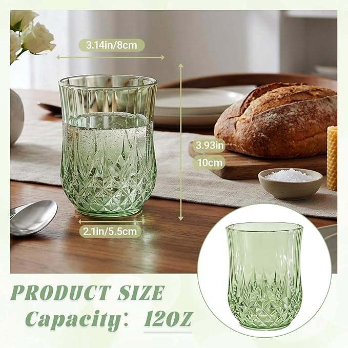 40 Pack Plastic Stemless Wine Glasses,12oz Unbreakable Vintage Elegant Drinking Glass Set,Reusable Fancy Cocktail Cups for Party, Wedding, and Bulk Events (40, 12oz-Sage Green)