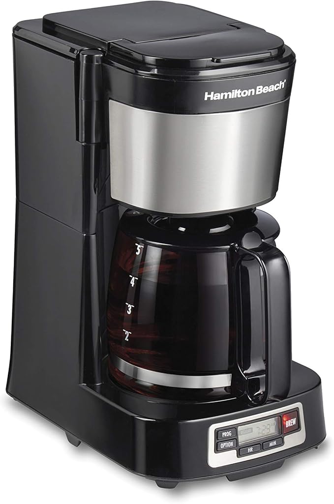 Hamilton Beach 5 Cup Drip Coffee Maker with Easy FrontFill Basket, Compact Design, Programmable Clock, Glass Carafe, Auto Pause and Pour, Black & Stainless Steel (46111)